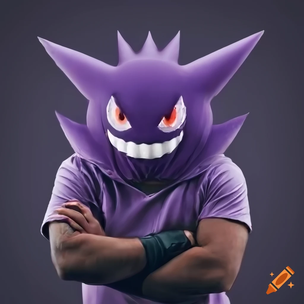 man wearing Gengar costume with face cut out