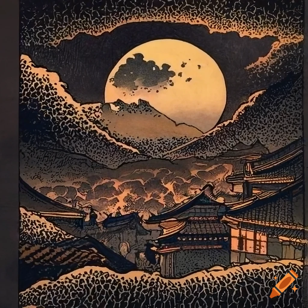 ukiyo-e style illustration of a muscular samurai in a foggy town