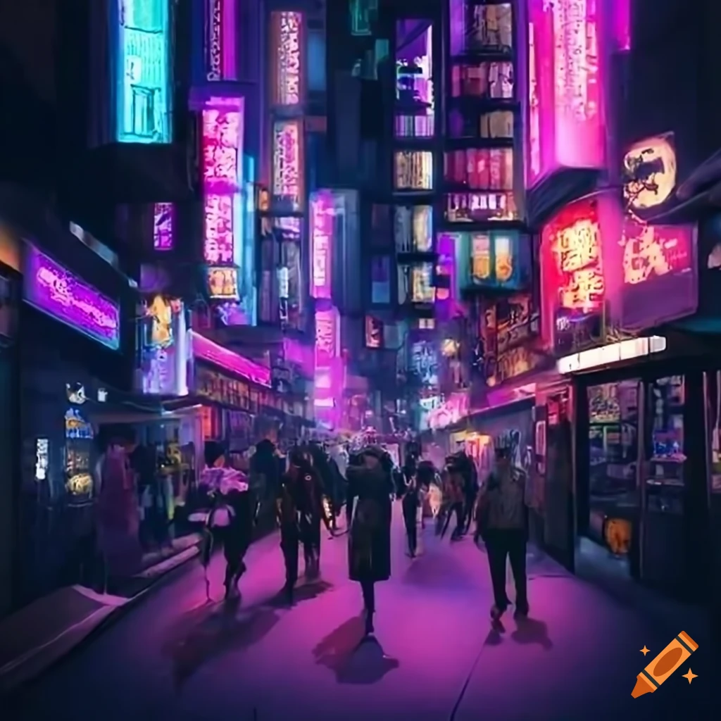 cyberpunk crowded street with a lot of people