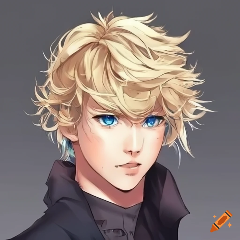 anime character with blonde wavy hair and blue eyes