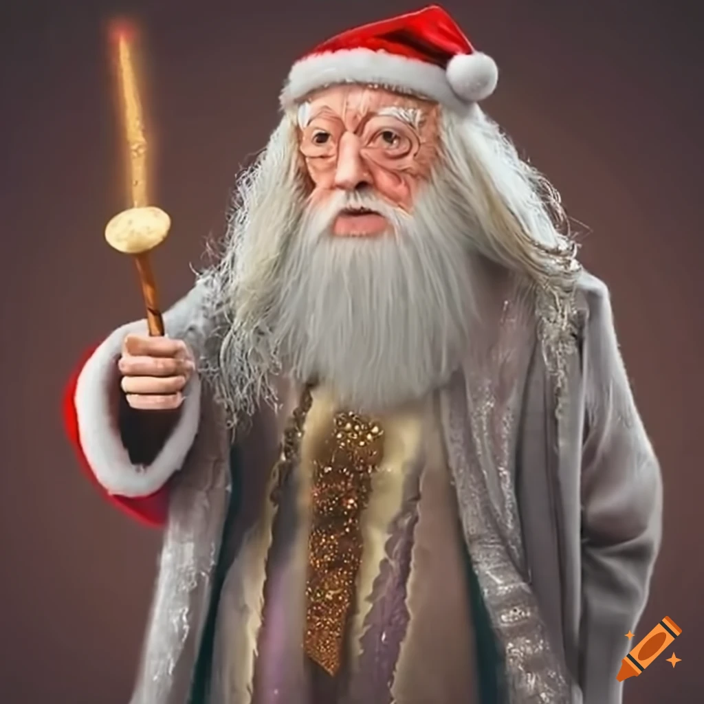 Dumbledore in a Santa outfit with a magic wand