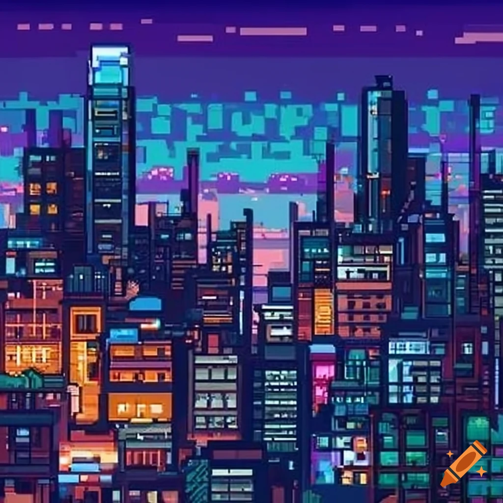 Pixel art of a bustling city skyline on Craiyon