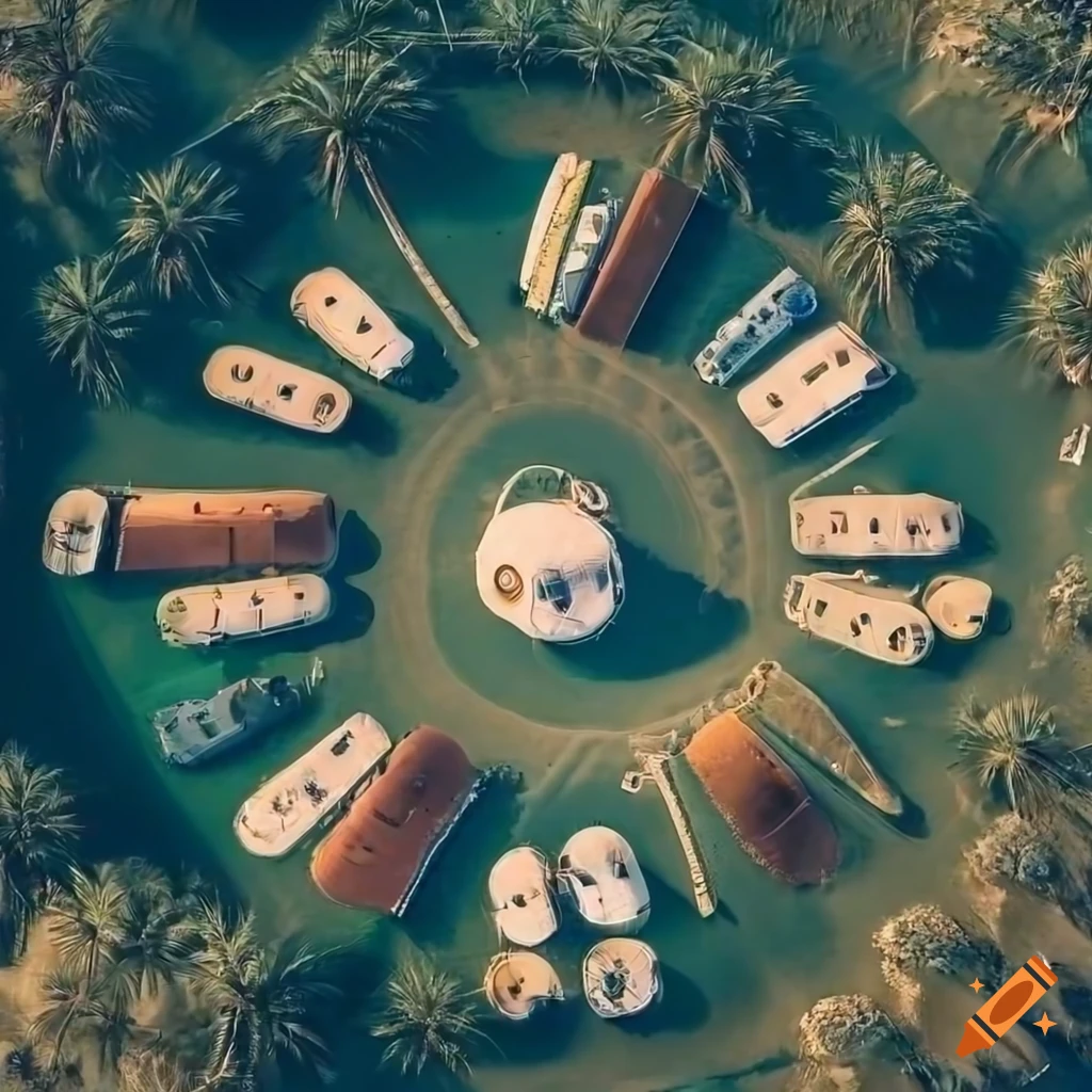 aerial view of caravans arranged in a circular pattern at a campsite