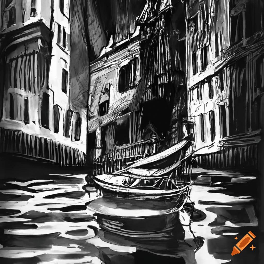 sketch of a boat sailing along a canal