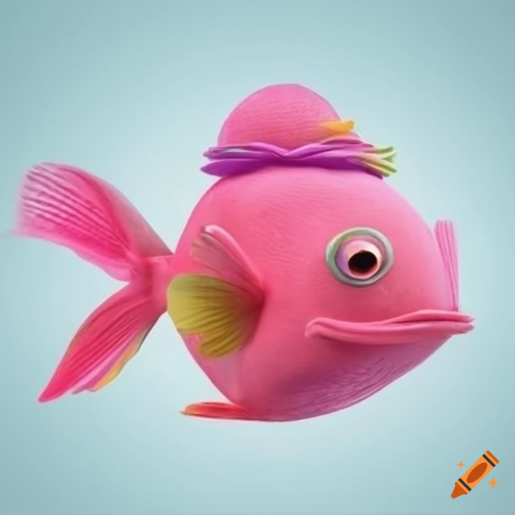 Cartoon of a pink fish wearing a hat on Craiyon