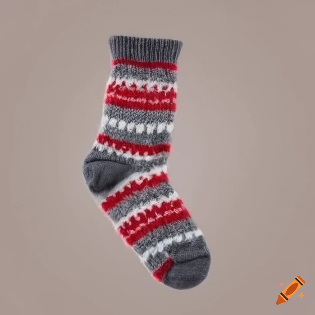 grey, white, and red woolen socks