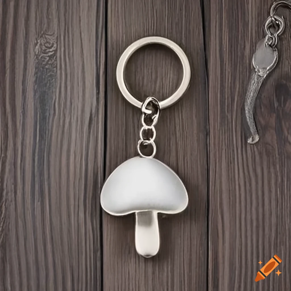 metal mushroom keychain on a table