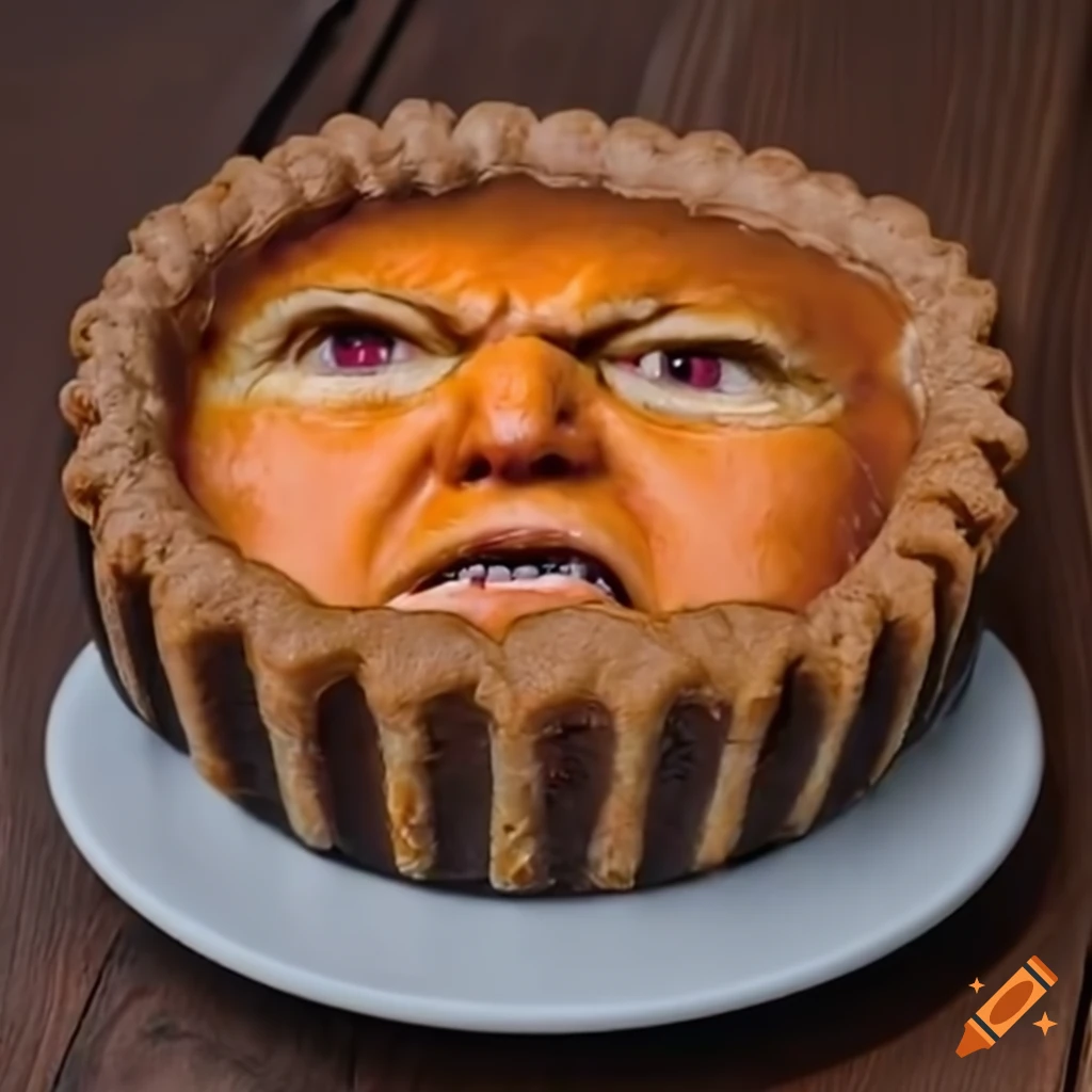 satirical representation of Trump's angry face in a pumpkin pie