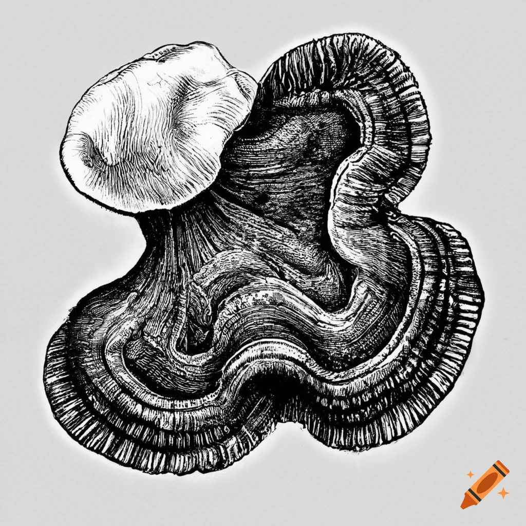 black and white engraving of a reishi mushroom
