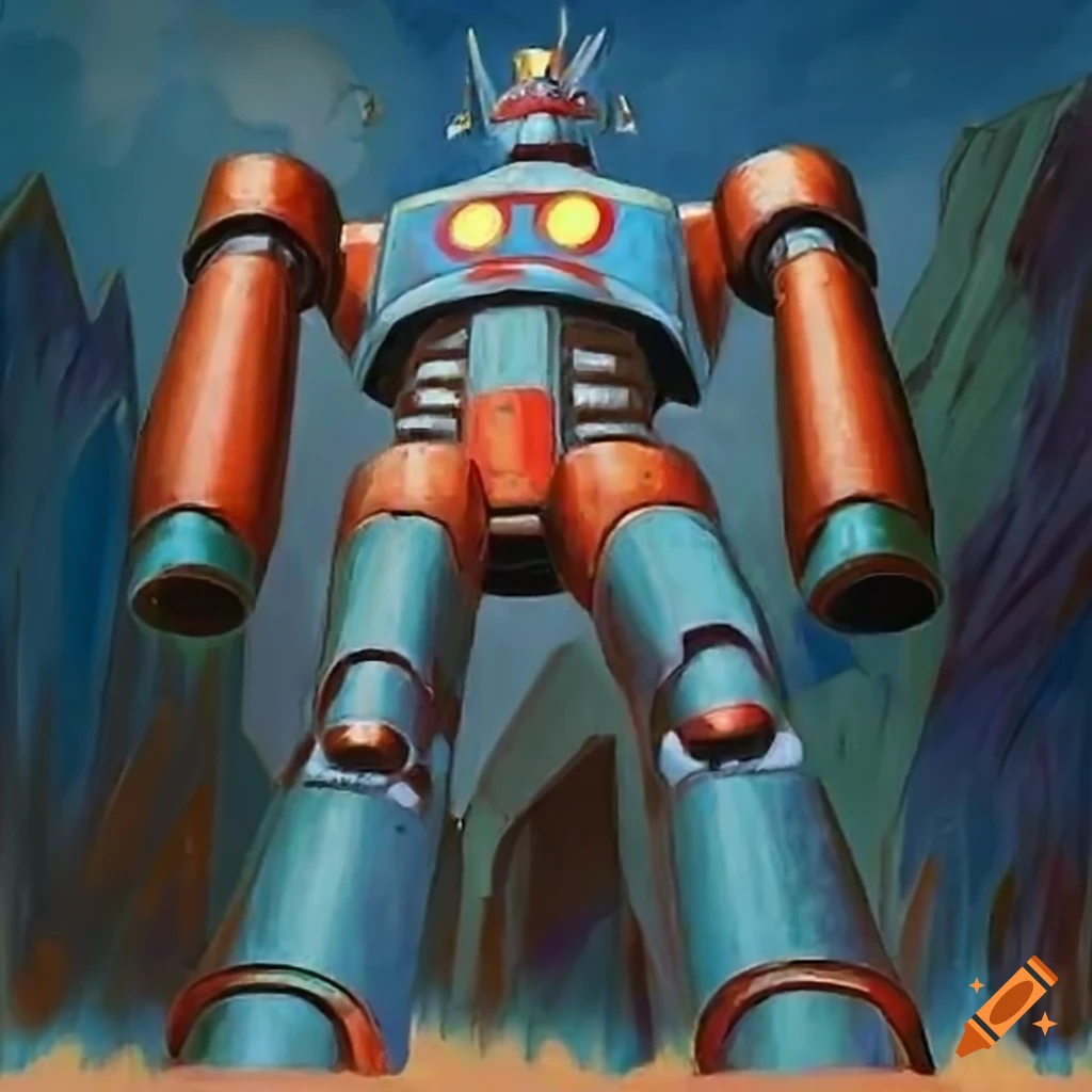 Retro japanese anime drawing of robust cassette mecha robot with speakers  shooting dense lightning bolts, in the style of mazinger z and goldrake.  cobalt blue, crimson red, gunmetal gray, electric yellow, neon