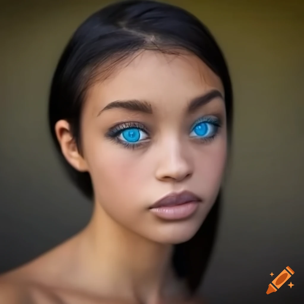 Portrait of a beautiful woman with dark hair and blue eyes on Craiyon