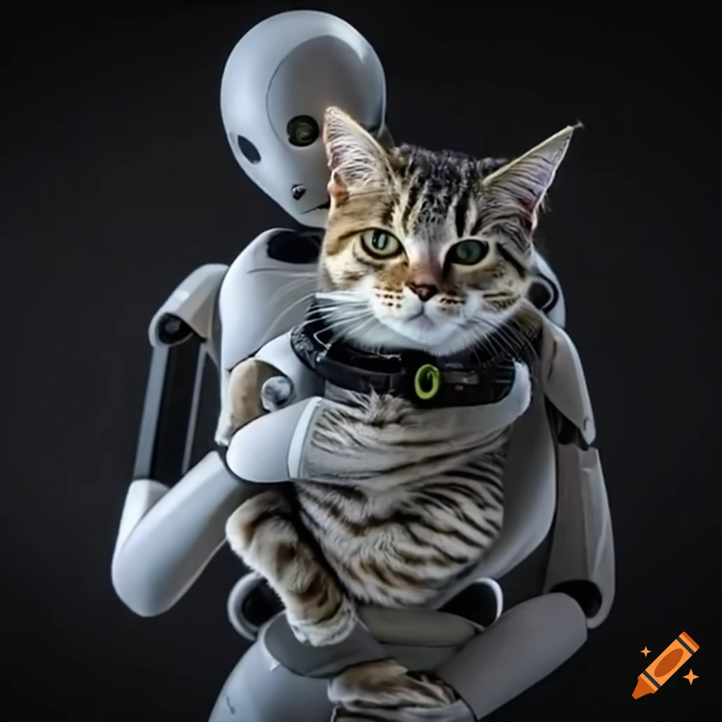 Robot hugging a cat on craiyon