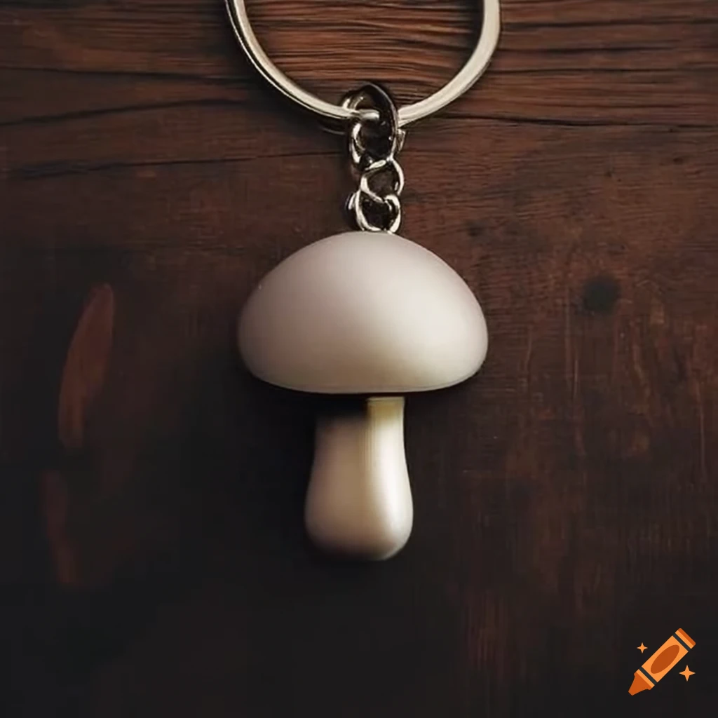 metal mushroom keychain on a table