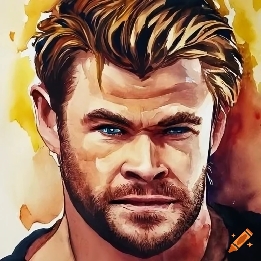 watercolor painting of Chris Hemsworth's symmetrical face