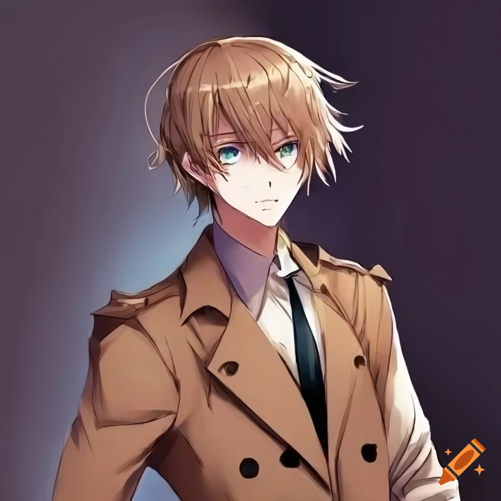 digital artwork of a handsome anime male with light brown hair and eyes
