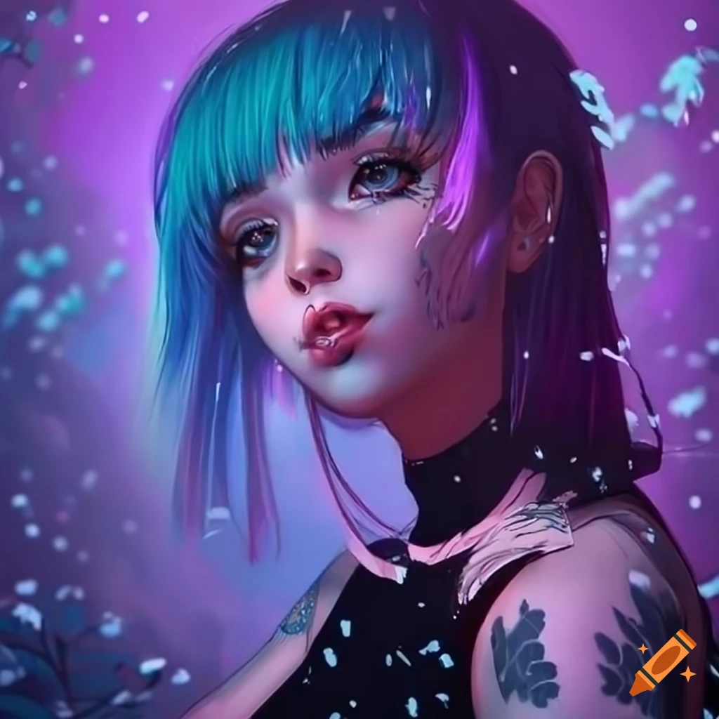 Realistic artwork of a cyberpunk girl with pink and blue hair on Craiyon