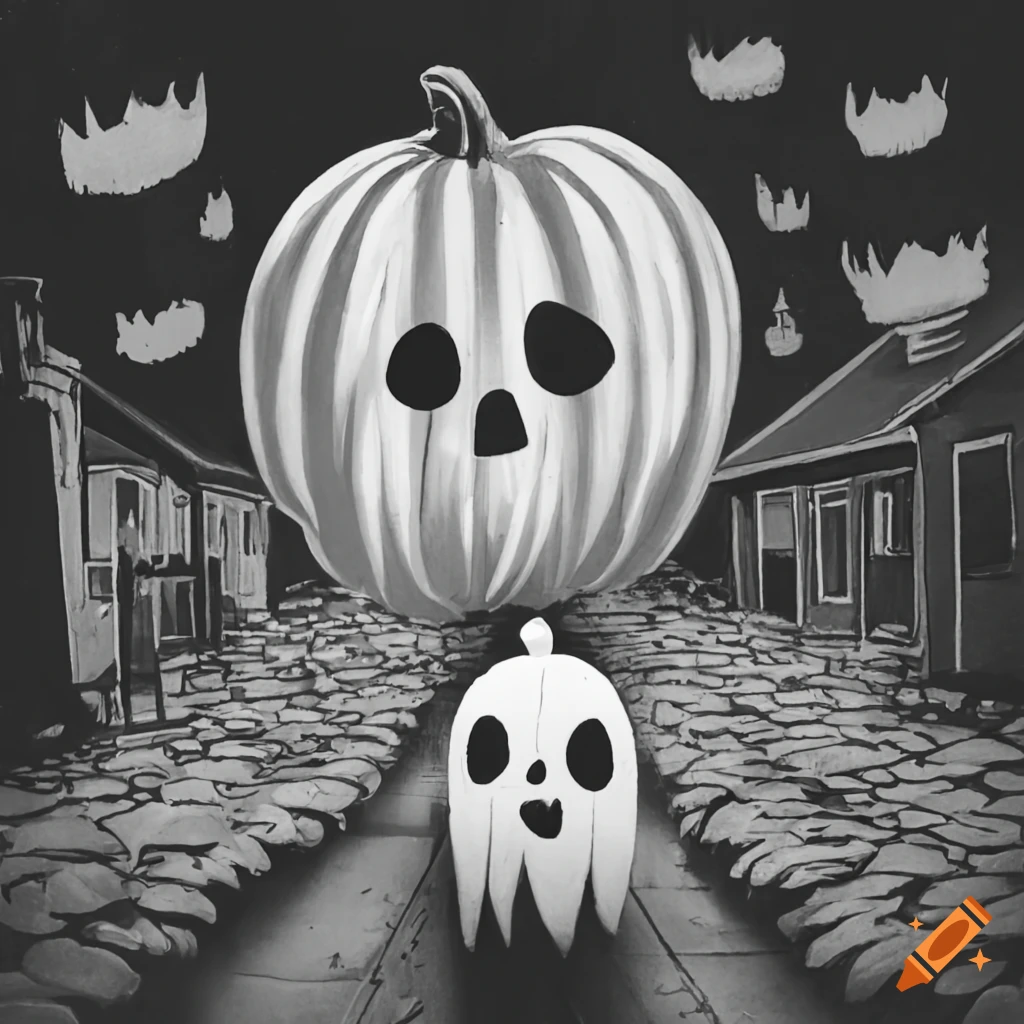 ghosts and pumpkins walking down a street