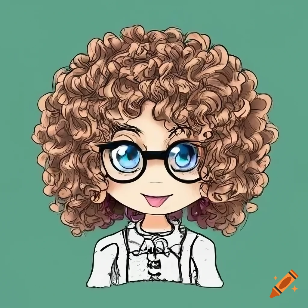 Line art of an adorable anime chibi girl with brown curly bob and ...