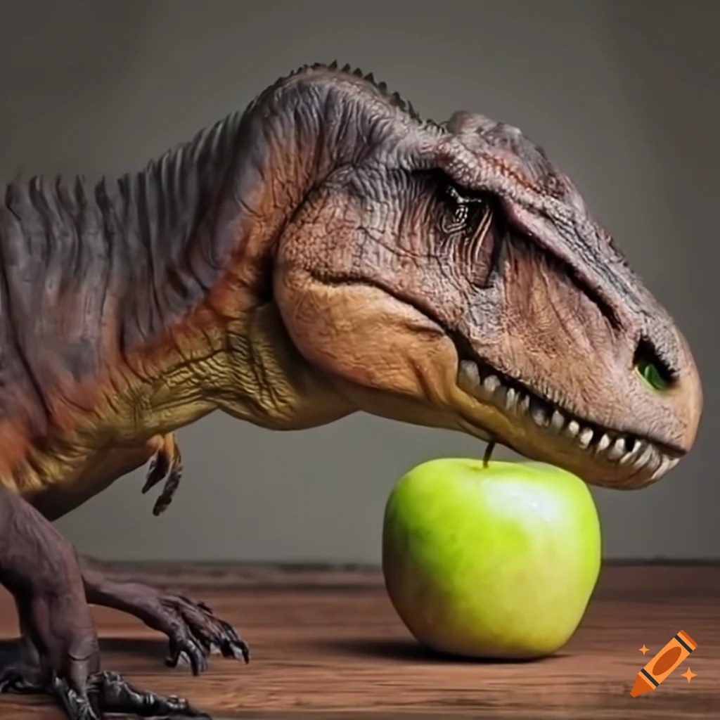 surreal artwork of a tyrannosaurus rex merged with an apple