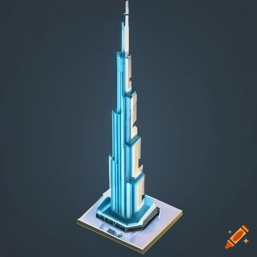 isometric 3D model of Burj Khalifa in a dark background