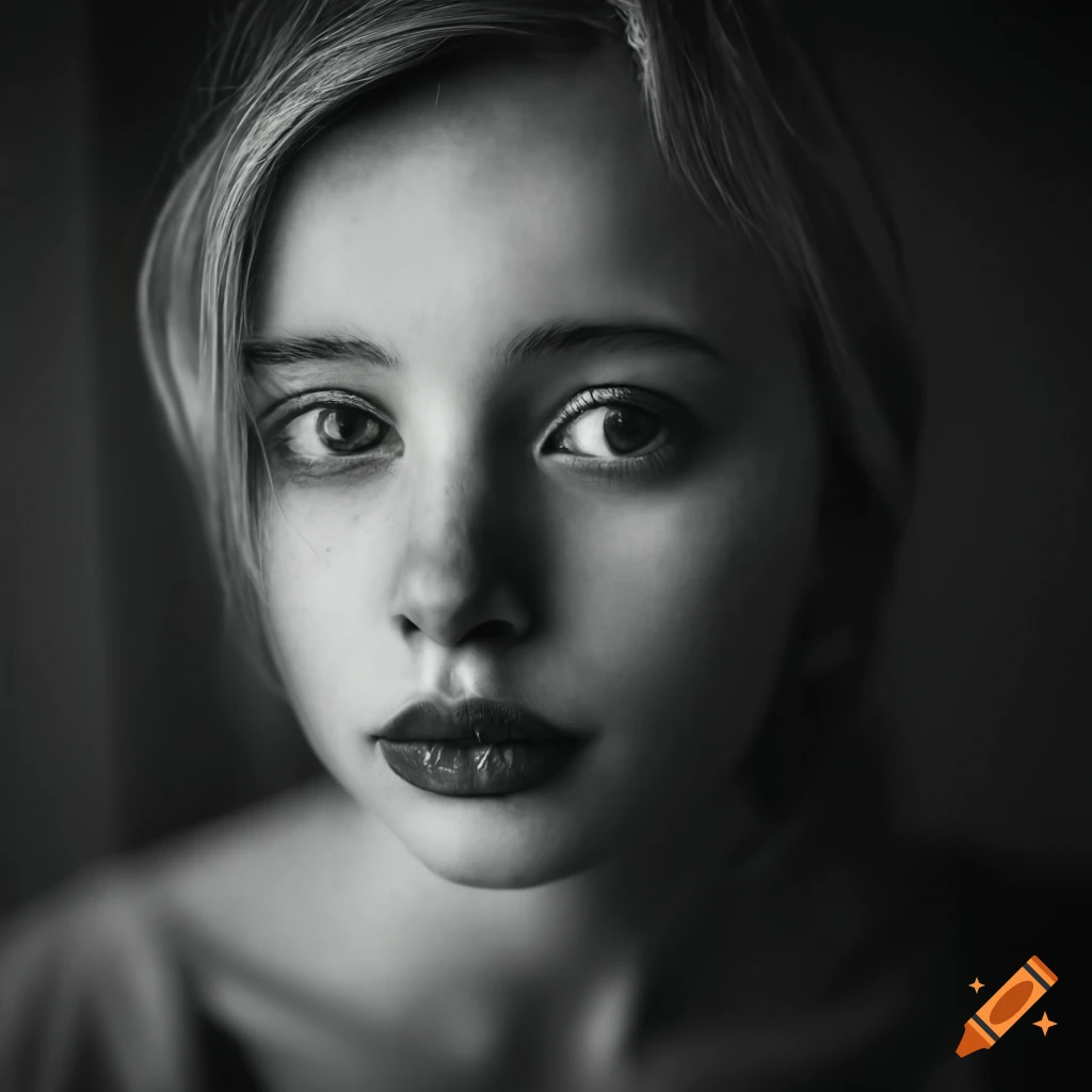 black and white portrait with a sad expression