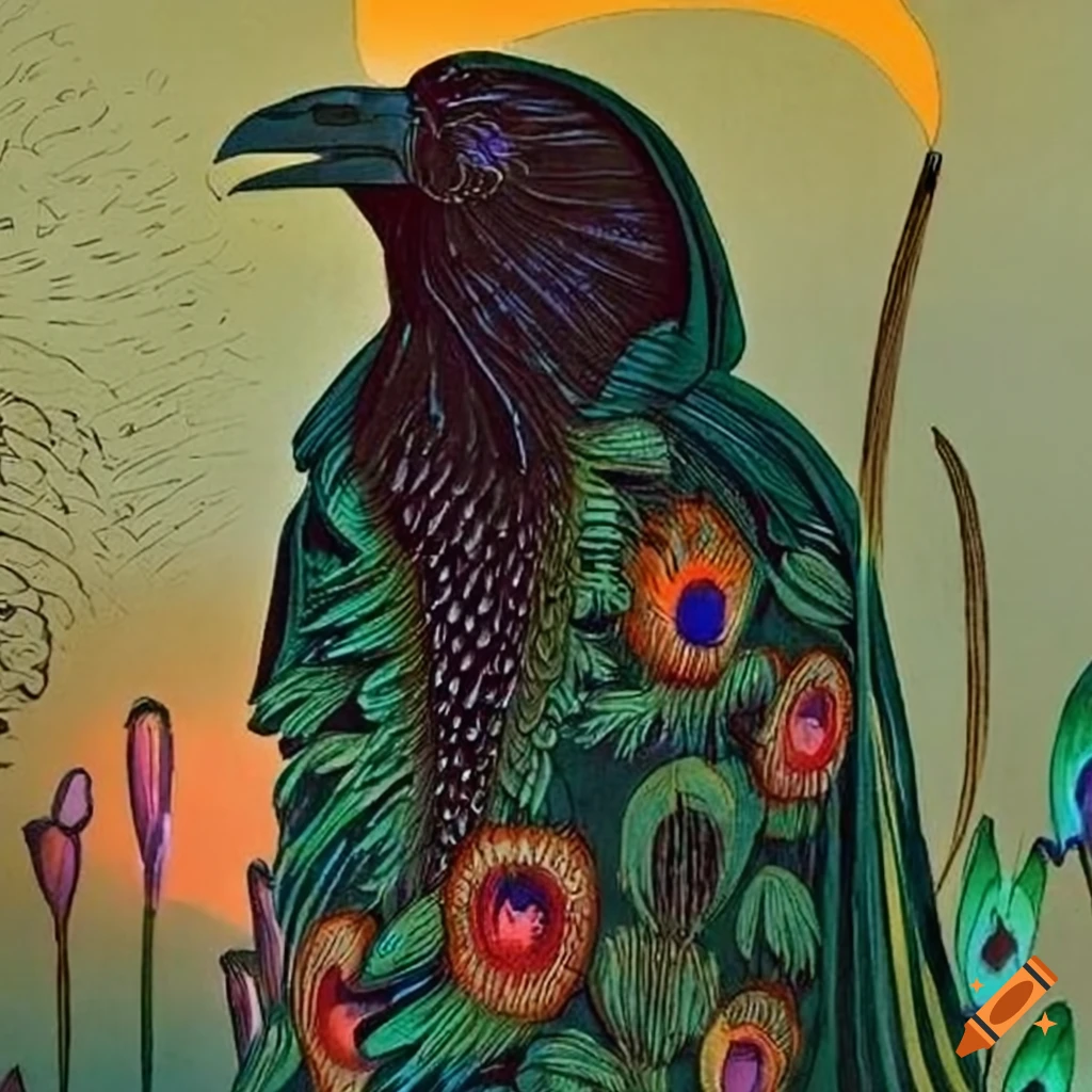 illustration of a mysterious Black Raven in a colorful cloak