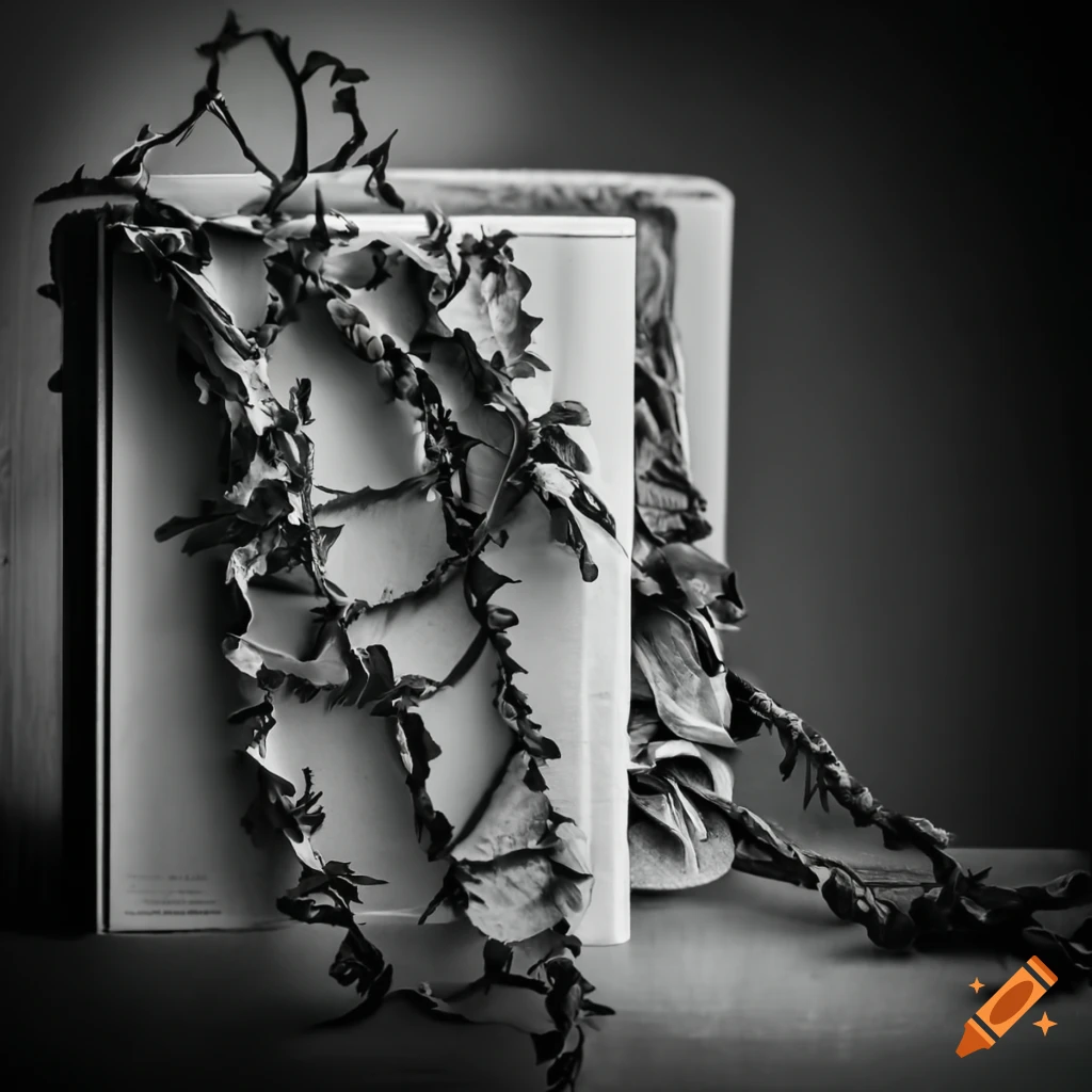 Black and white photo of a book with vines on Craiyon