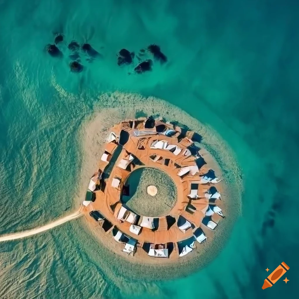 aerial view of caravans arranged in a circular pattern at a desert campsite