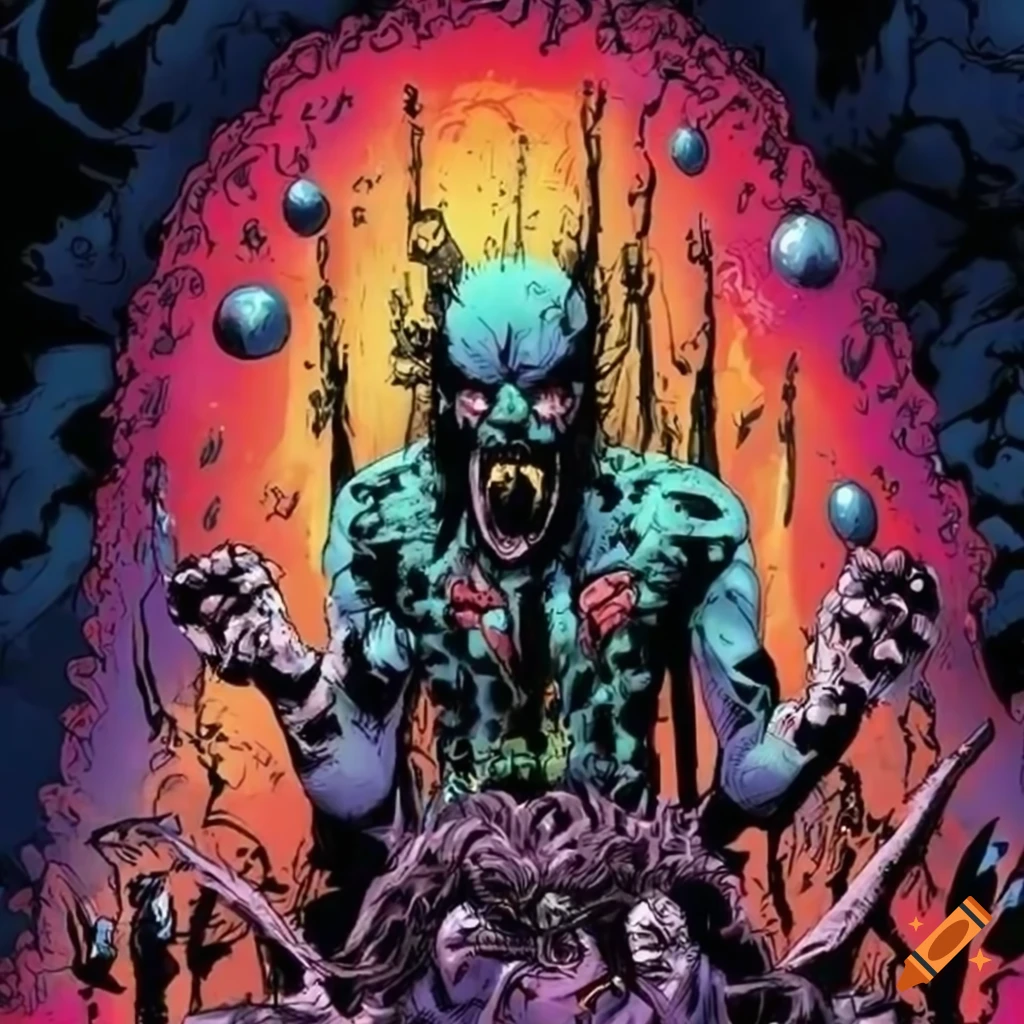 psychedelic 90s comic drawing with zombie king on throne