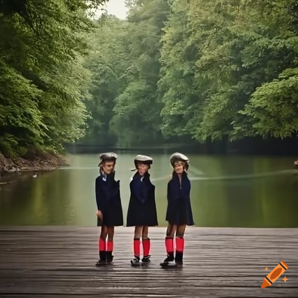 two girls and a military man standing in a forest near a dock