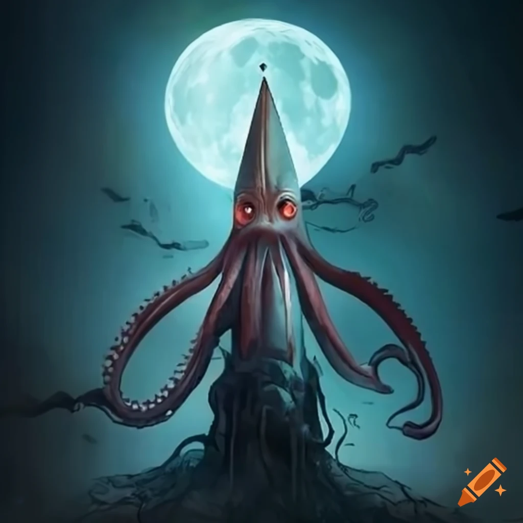 Image of a giant squid god with a blade on the moon