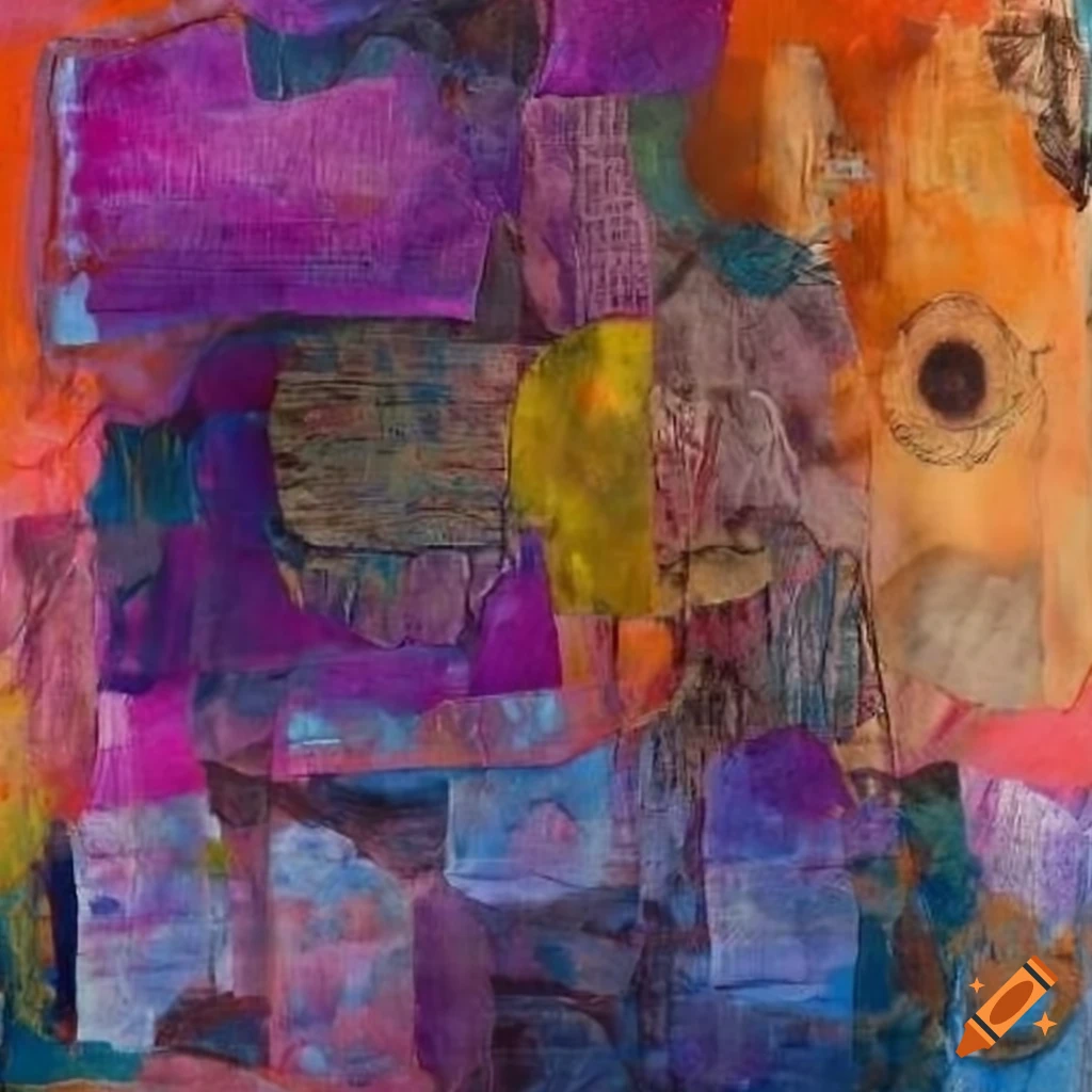 Mixedmedia abstract collage with figurelike shapes and scrawling