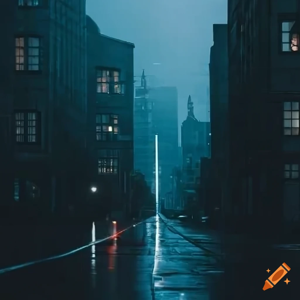 rainy urban street lit by faint neon lights