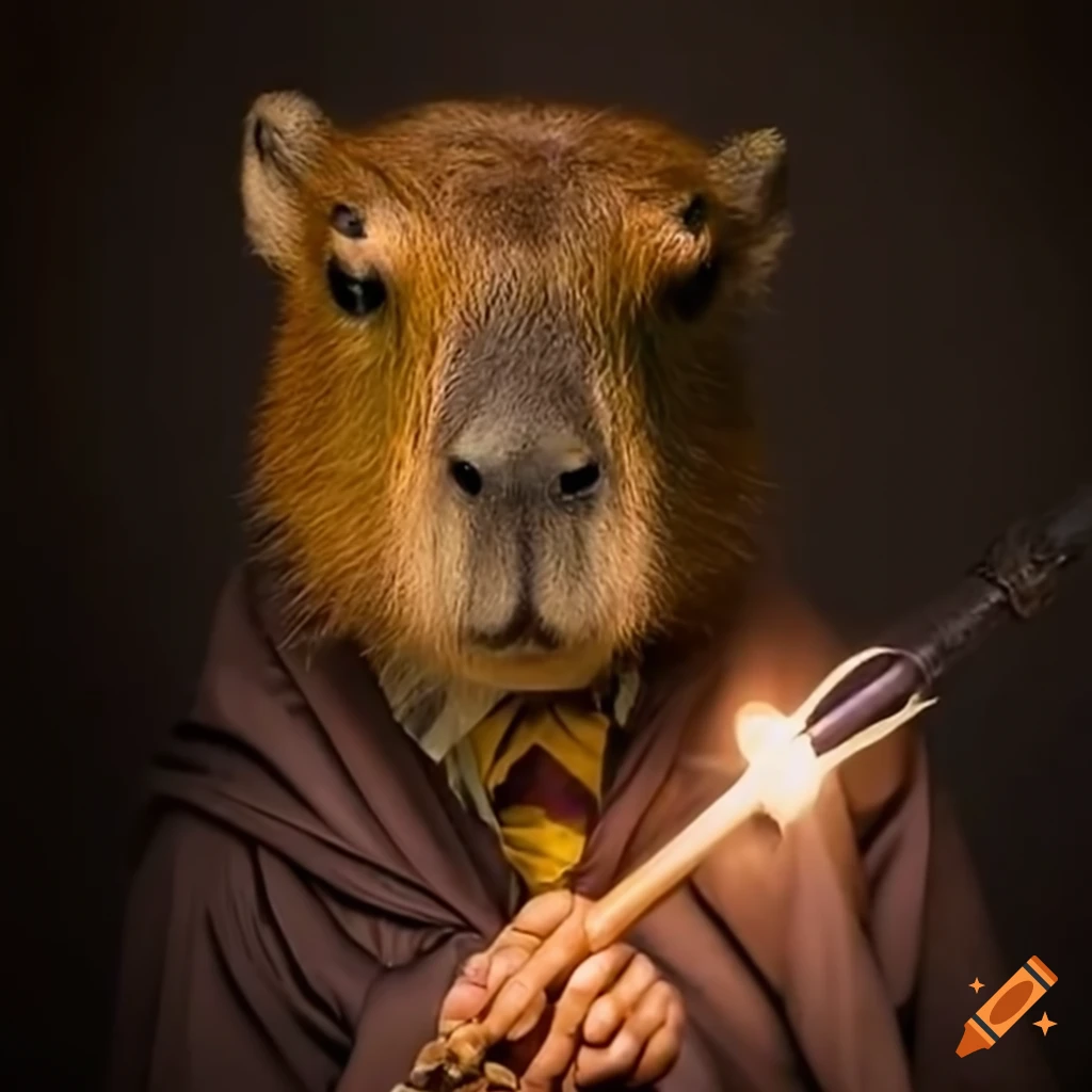 capybara with a wand in Hogwarts uniform