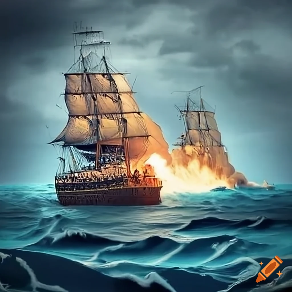 sailing ships engaging in a fierce naval battle