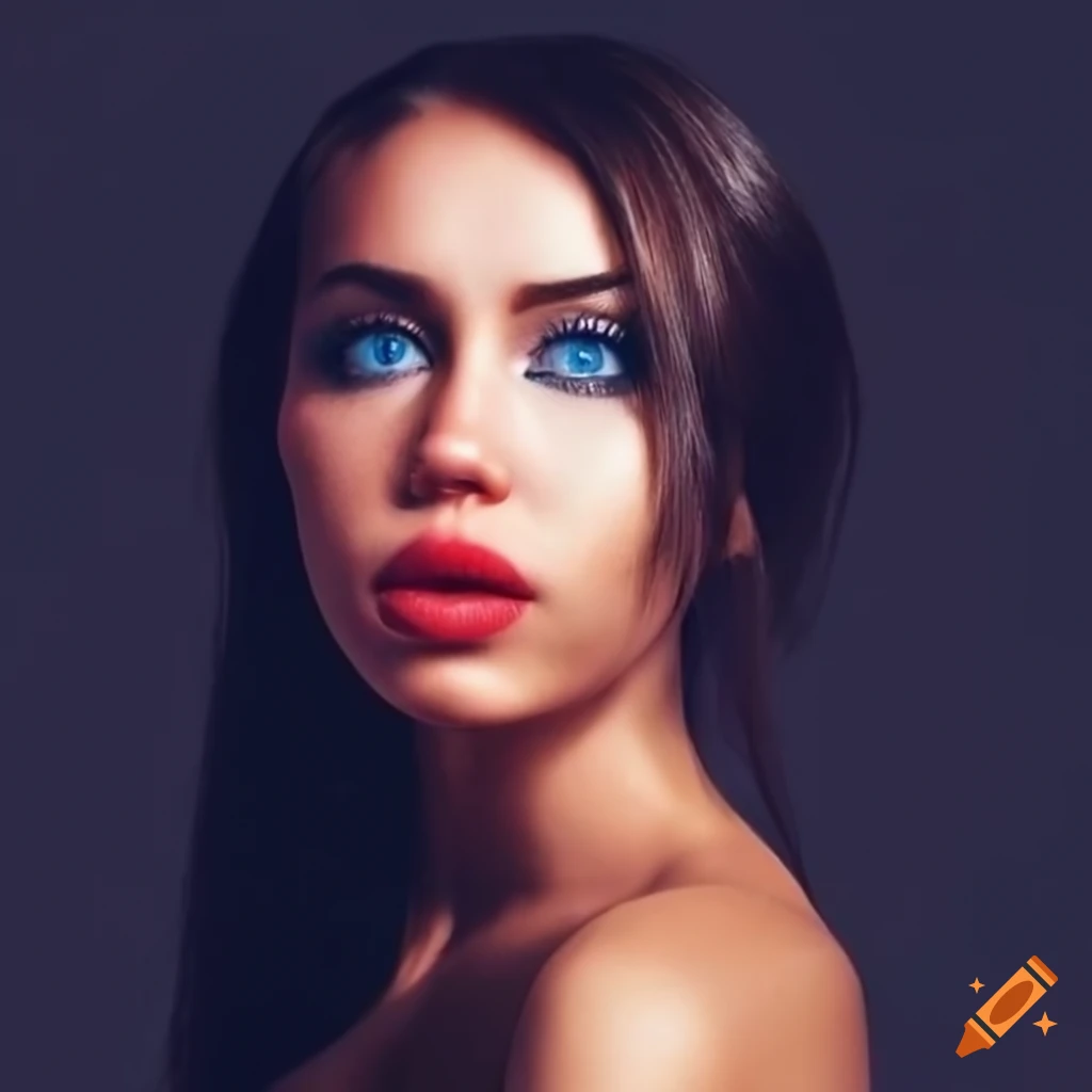 Close-up portrait of a beautiful woman with blue catlike eyes