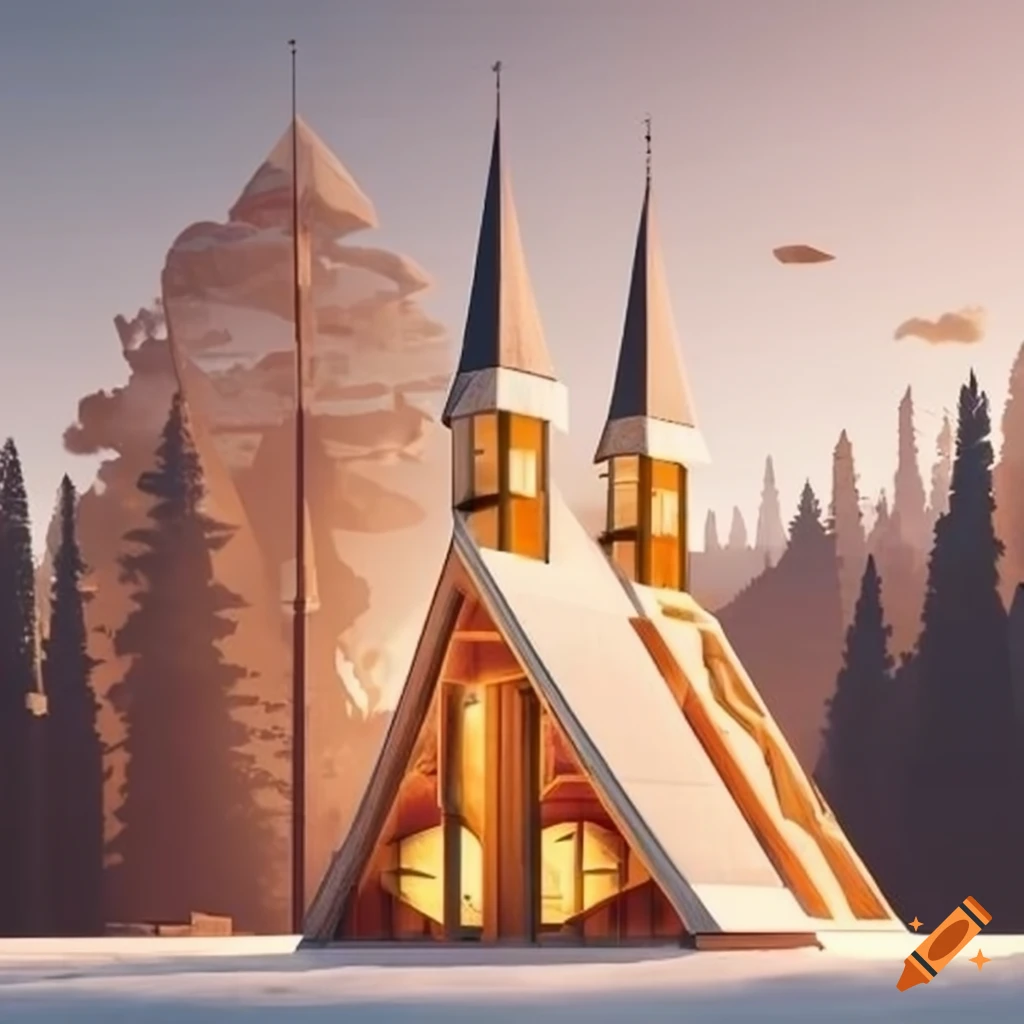 illustration of a cabin resembling a cathedral