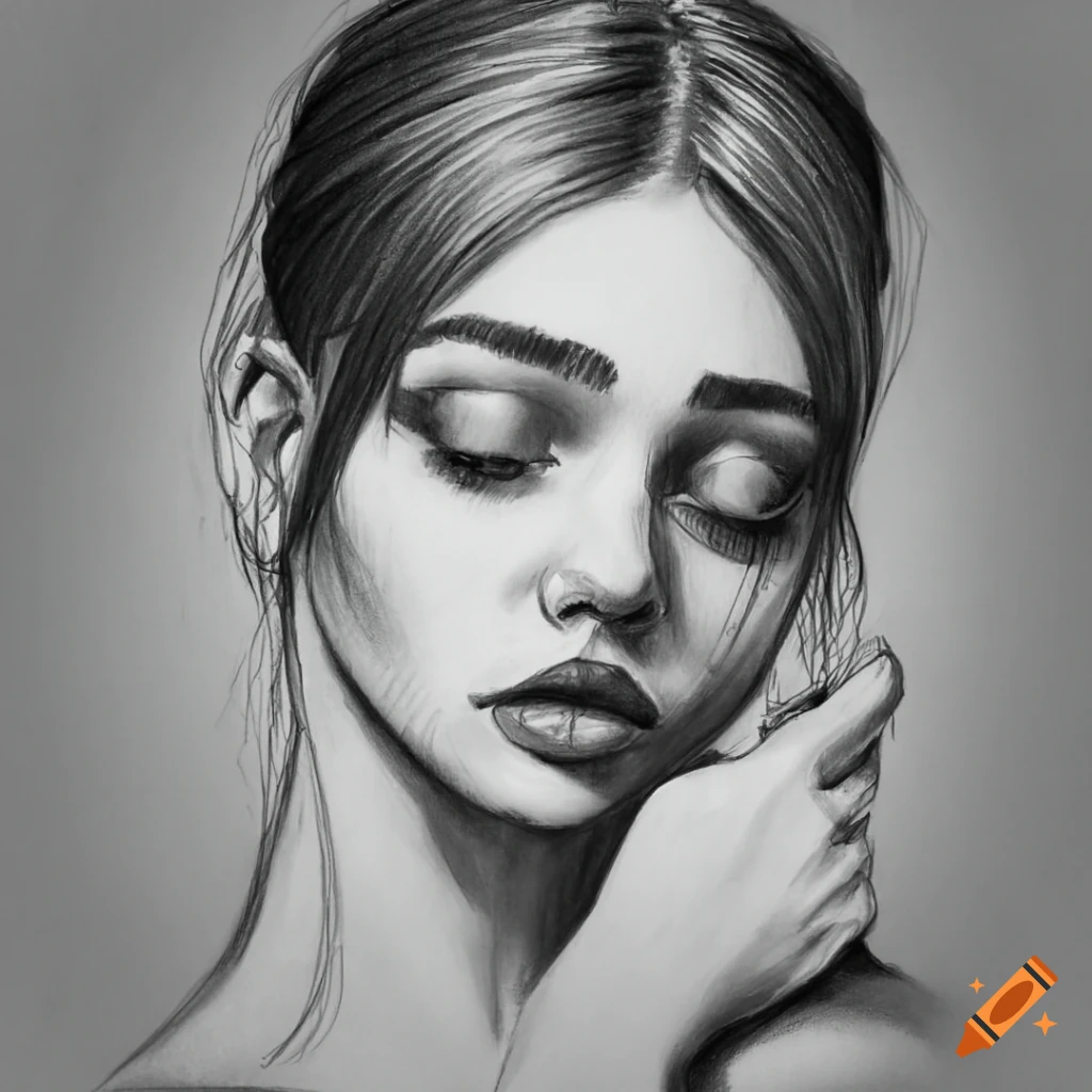 Detailed Pencil Sketch Of A Young Woman With A Submissive Expression On 