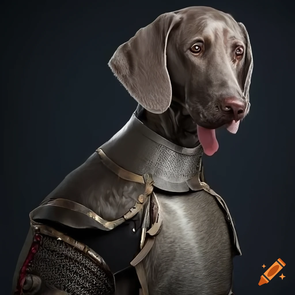 Weimaraner dog in knight's armor with a sword on Craiyon