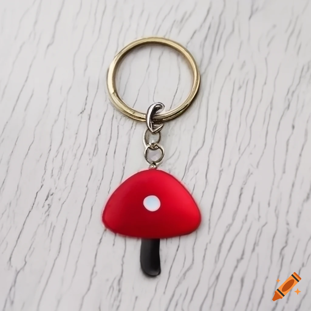 metal mushroom keychain on a table