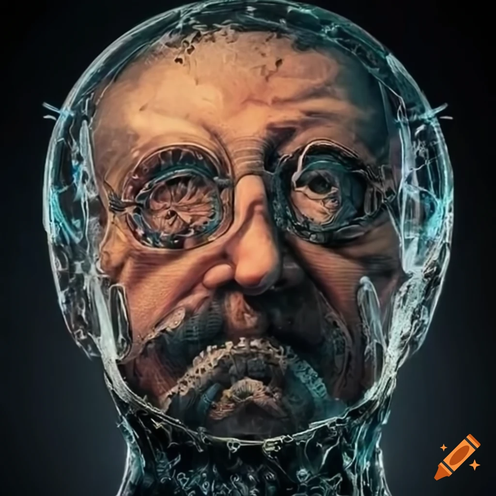 gears inside a transparent portrait of Leonardo DaVinci
