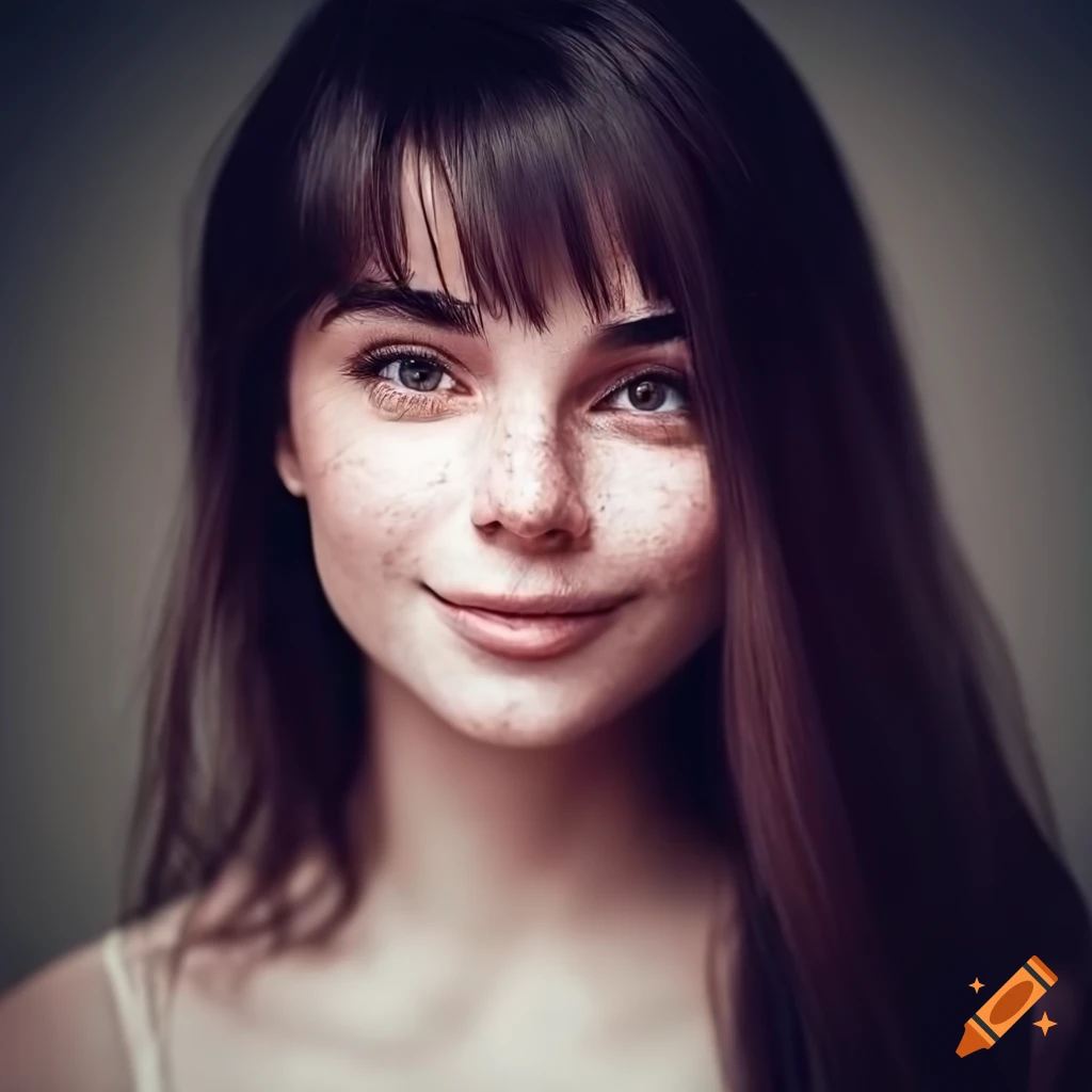 Portrait of a young woman with beautiful freckles and dark hair on Craiyon