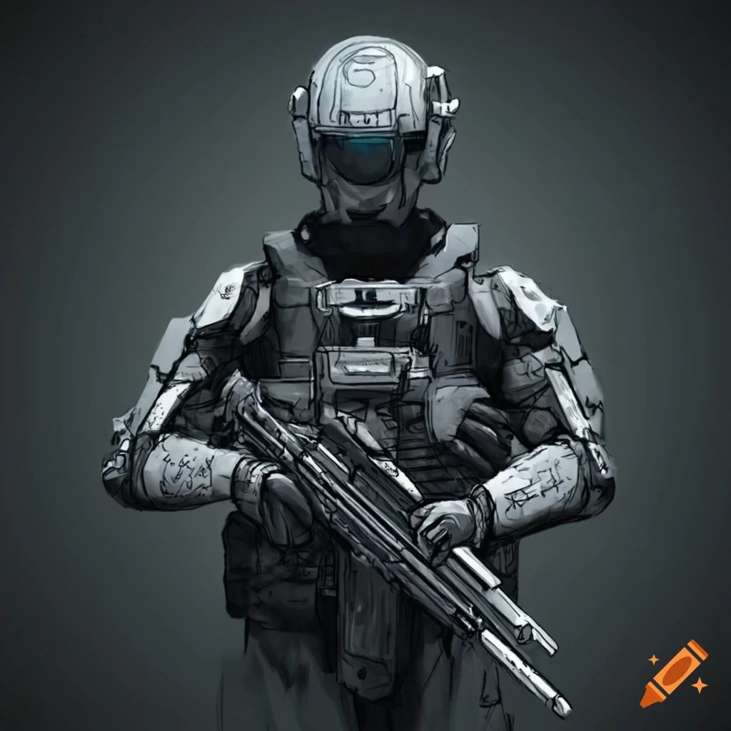 Futuristic soldier in black and grey gear on Craiyon