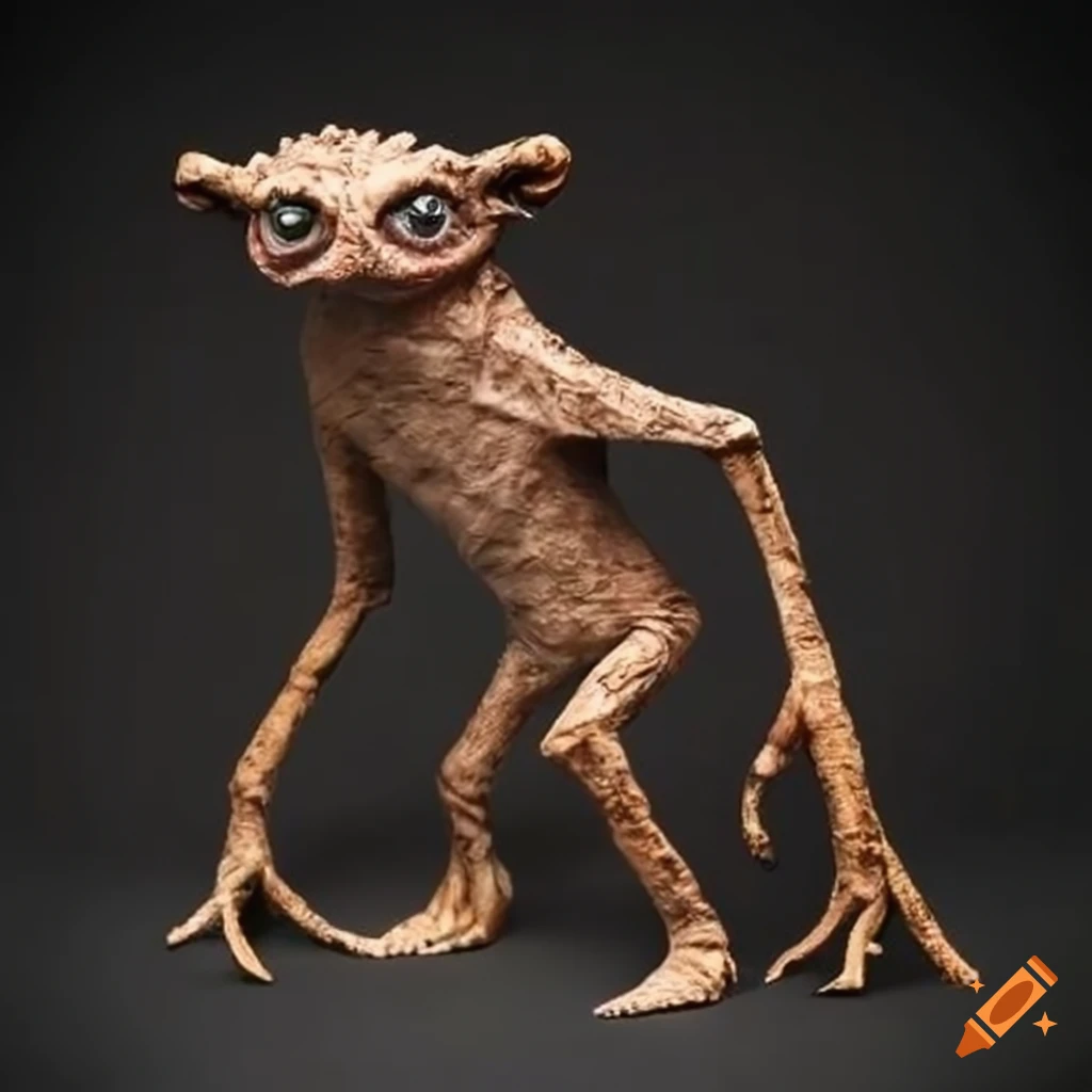 creature made of bark and wood with black eyes