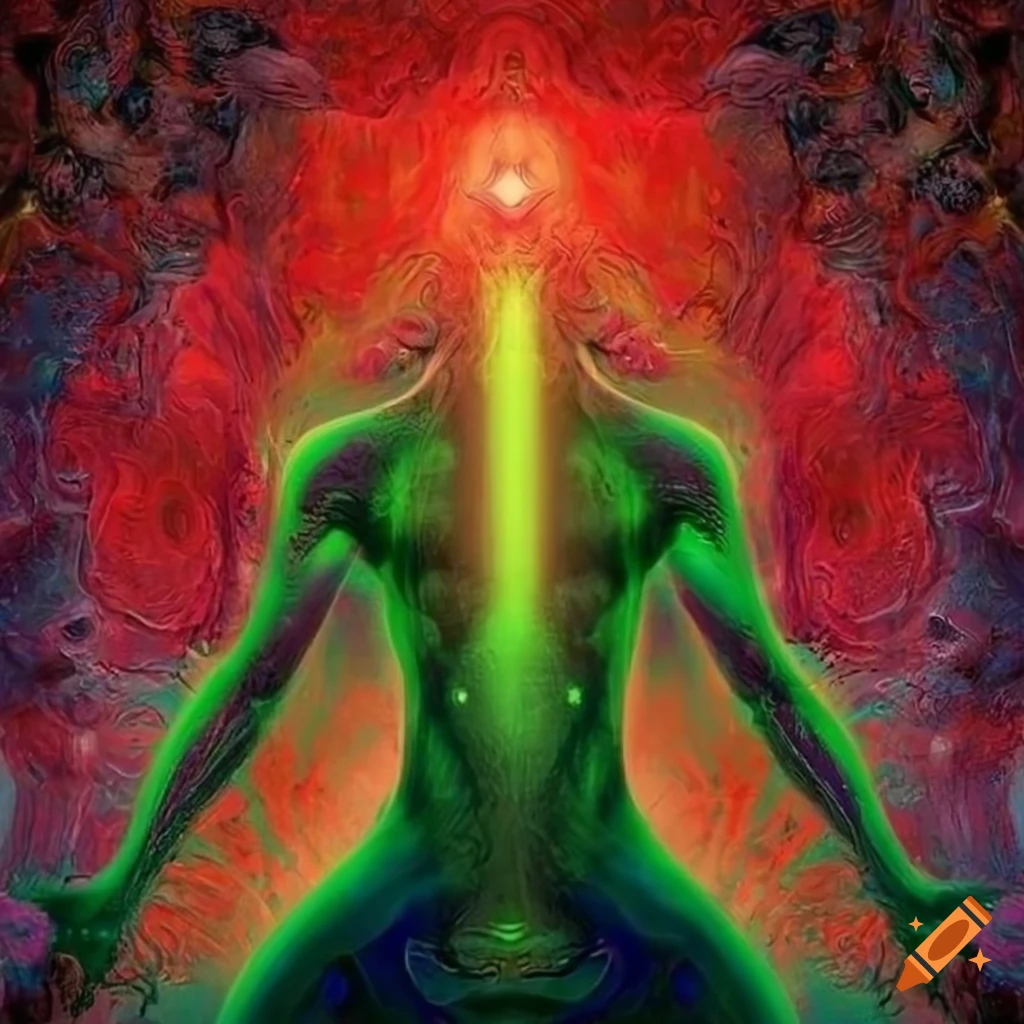 artwork of a man with a red and green aura