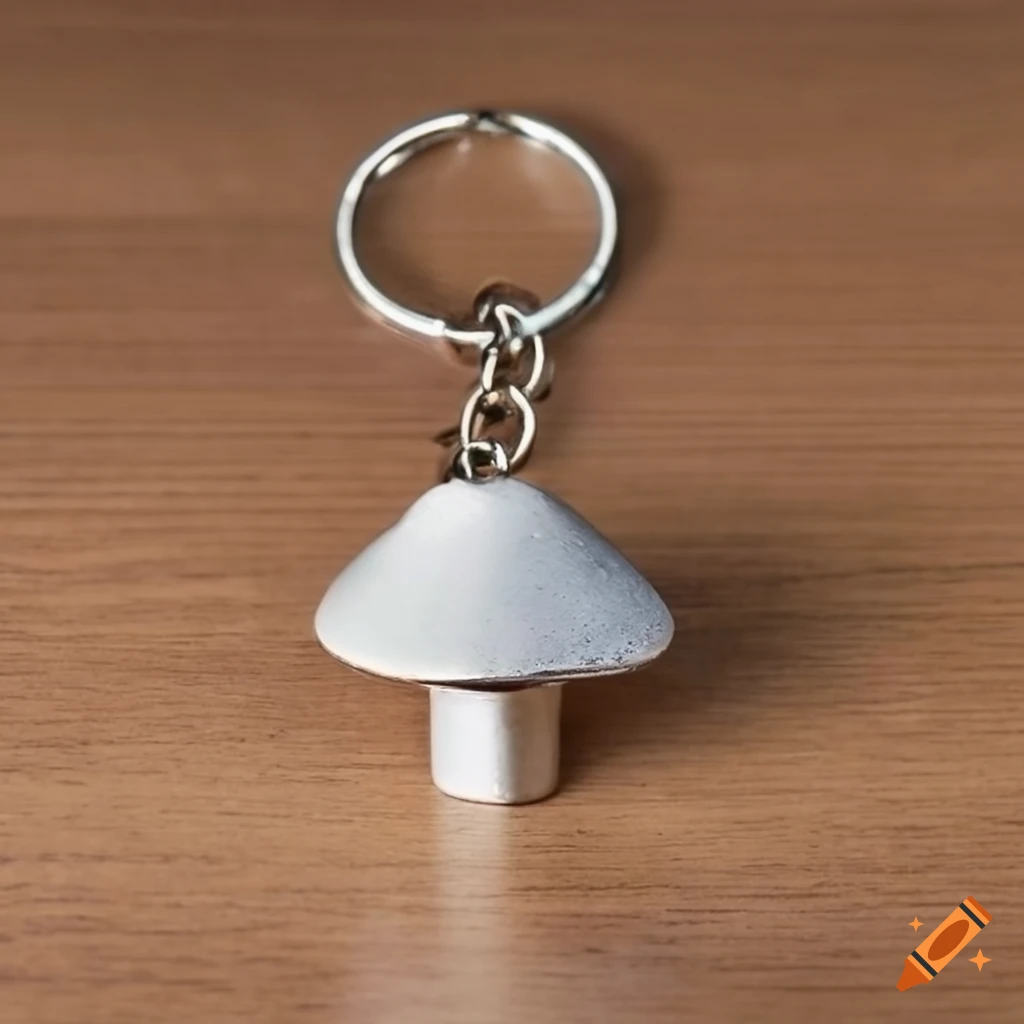 metal keychain shaped like a mushroom on a table