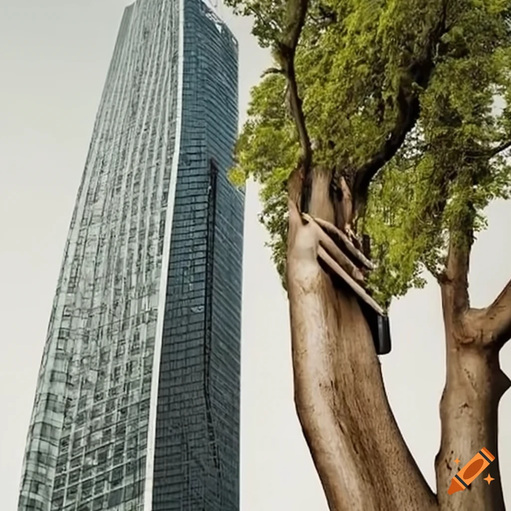 tree embracing a modern skyscraper
