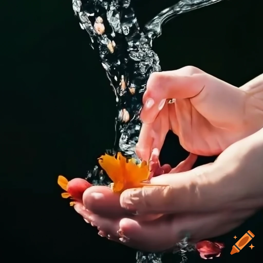 hands holding flowers in water