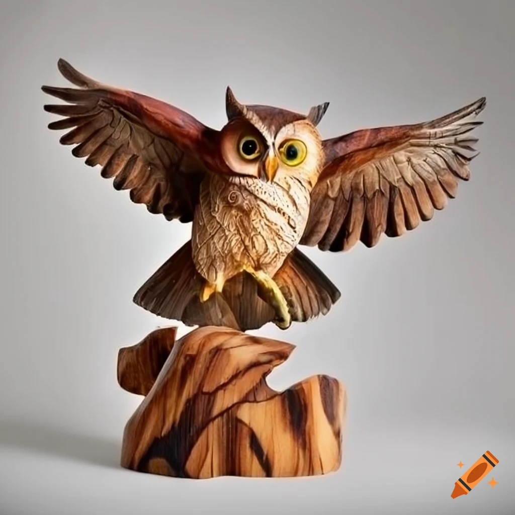 Marbled olive wood sculpture of a flying owl on Craiyon