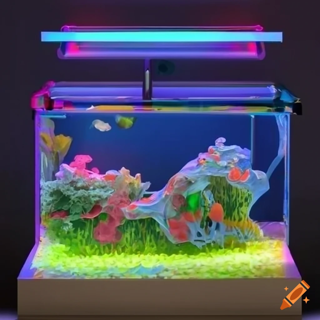 Neon 90's isometric fish tank with seaweed and coral on Craiyon